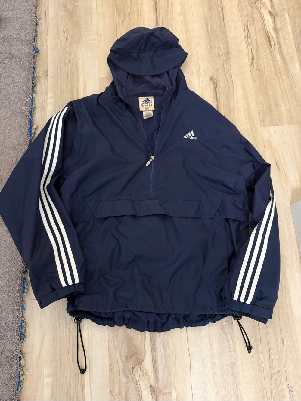 Vintage Adidas Navy Hooded Pullover Windbreaker with White Stripe Sleeves